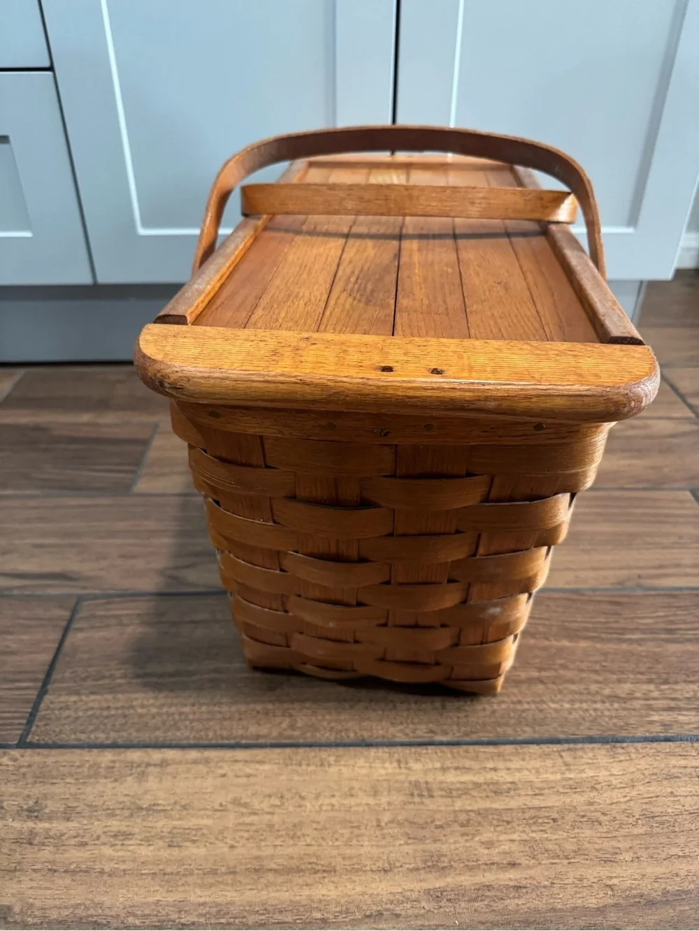 Mid Century Basketville woven oak Picnic Basket With Sliding Lid Doors brown